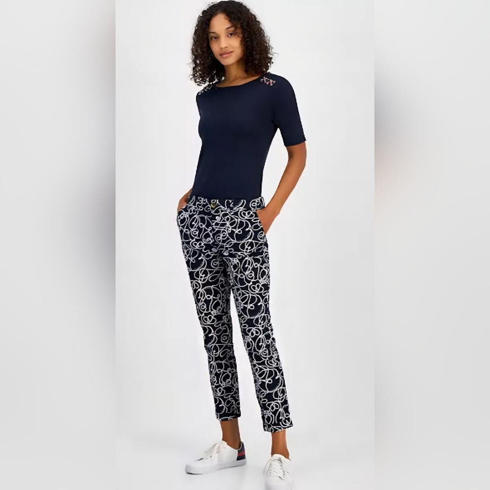 TOMMY HILFIGER HAMPTON SLIM STRETCH CHINO PANTS NAVY BLUE ROPE PATTERN SIZE 14
